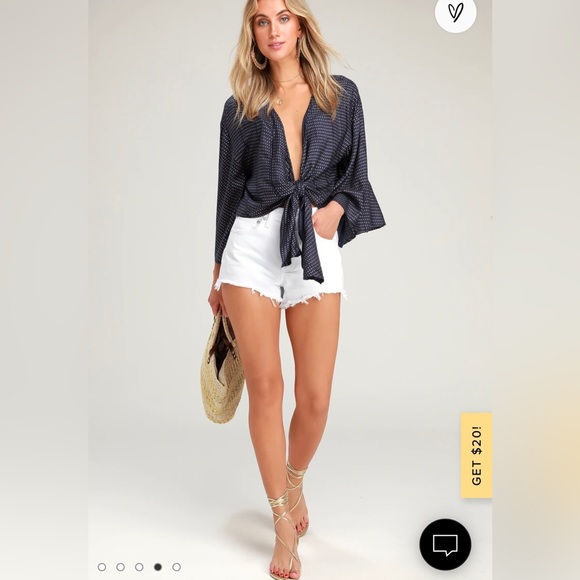 Lulus Undeniable Navy Blue and Gold Print Tie-Front Top. Size: S - Picture 3 of 7